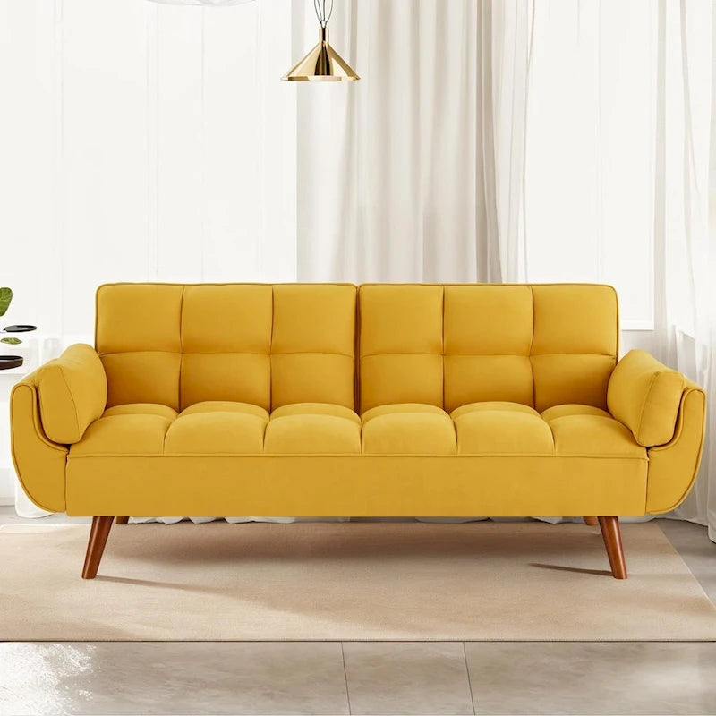 Canapé-lit futon convertible 2 places, gris clair / beige / gris foncé / jaune, dossier capitonné fendu