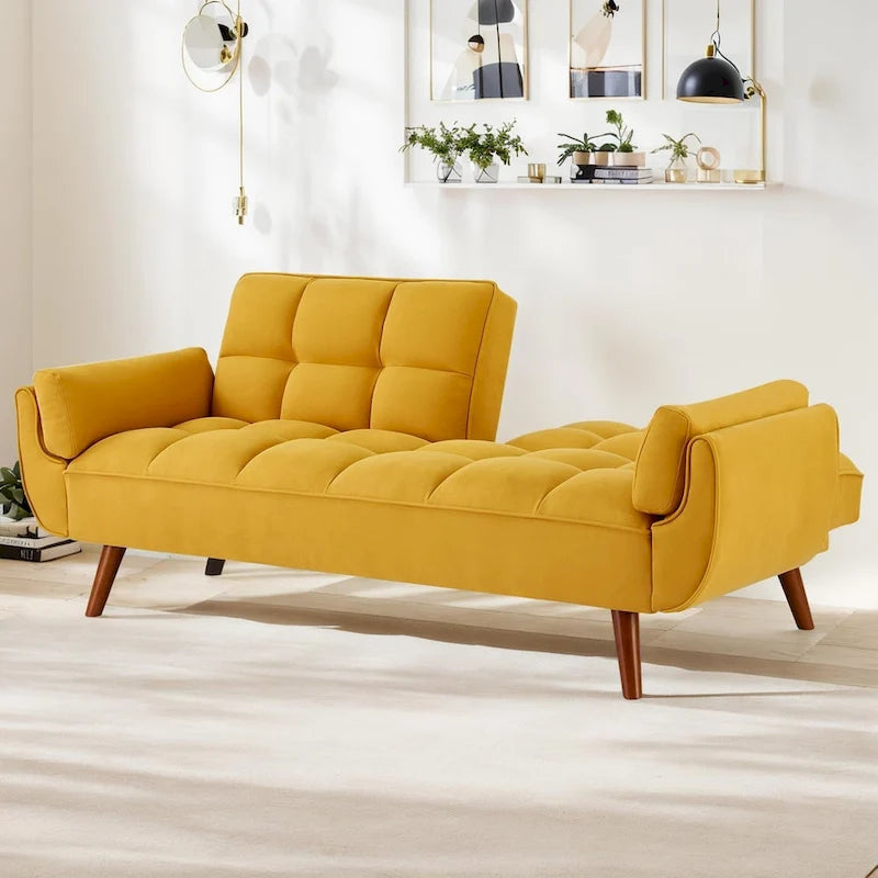 Canapé-lit futon convertible 2 places, gris clair / beige / gris foncé / jaune, dossier capitonné fendu