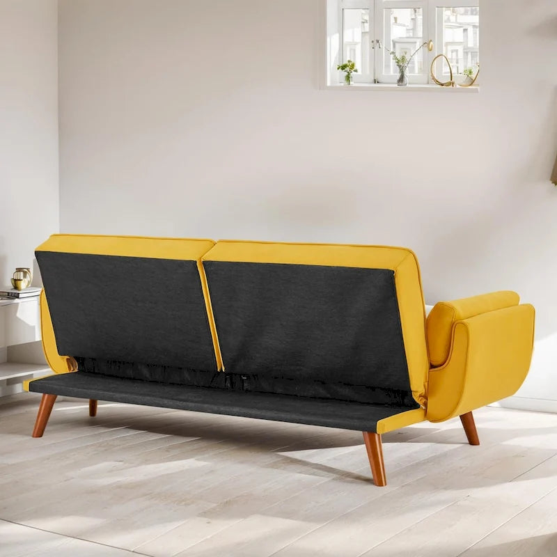 Canapé-lit futon convertible 2 places, gris clair / beige / gris foncé / jaune, dossier capitonné fendu