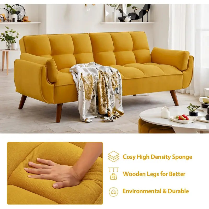Canapé-lit futon convertible 2 places, gris clair / beige / gris foncé / jaune, dossier capitonné fendu