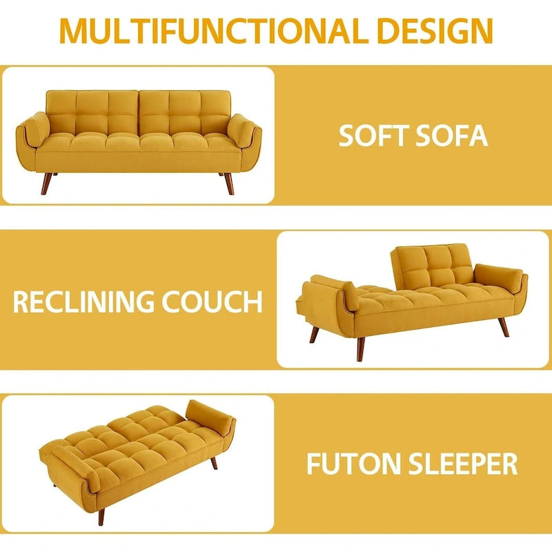 Canapé-lit futon convertible 2 places, gris clair / beige / gris foncé / jaune, dossier capitonné fendu