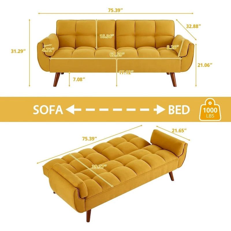Canapé-lit futon convertible 2 places, gris clair / beige / gris foncé / jaune, dossier capitonné fendu