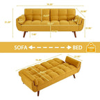 Canapé-lit futon convertible 2 places, gris clair / beige / gris foncé / jaune, dossier capitonné fendu