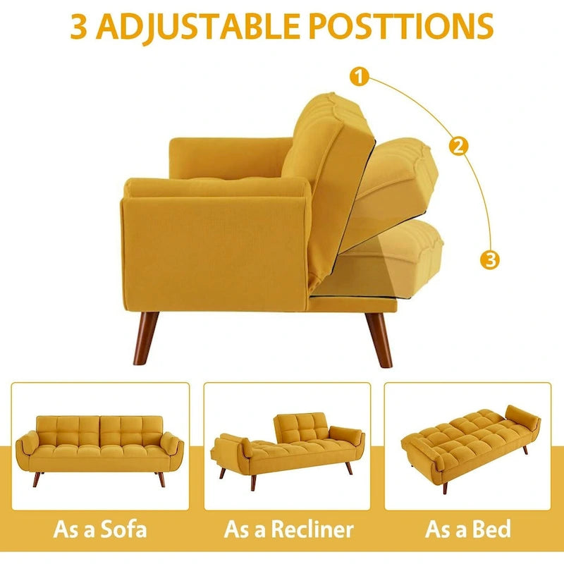 Canapé-lit futon convertible 2 places, gris clair / beige / gris foncé / jaune, dossier capitonné fendu