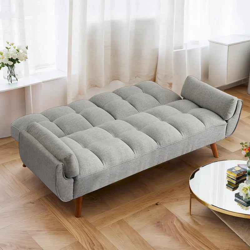Canapé-lit futon convertible 2 places, gris clair / beige / gris foncé / jaune, dossier capitonné fendu