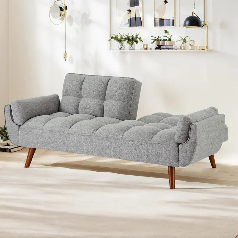 Canapé-lit futon convertible 2 places, gris clair / beige / gris foncé / jaune, dossier capitonné fendu