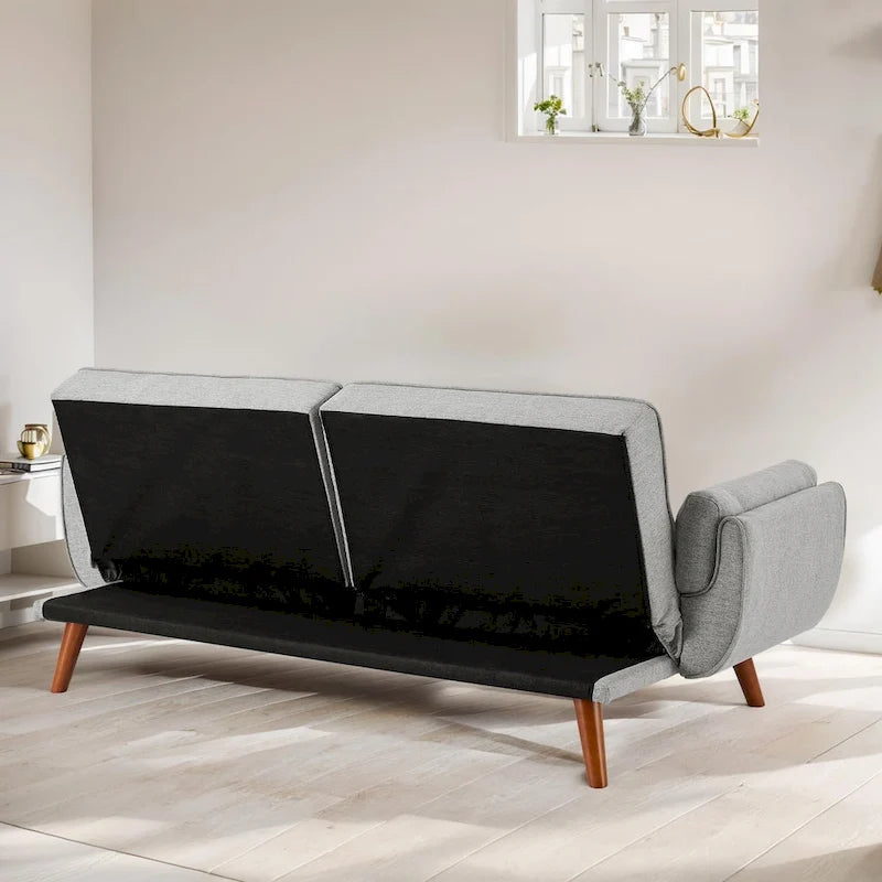 Canapé-lit futon convertible 2 places, gris clair / beige / gris foncé / jaune, dossier capitonné fendu