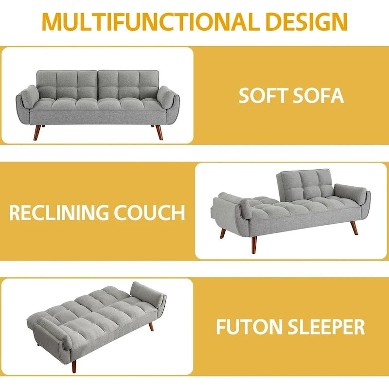 Canapé-lit futon convertible 2 places, gris clair / beige / gris foncé / jaune, dossier capitonné fendu