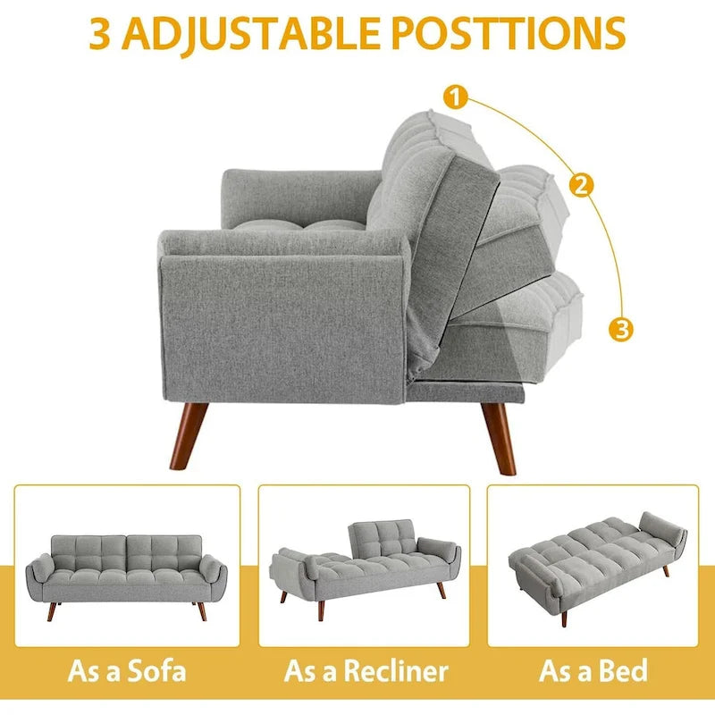 Canapé-lit futon convertible 2 places, gris clair / beige / gris foncé / jaune, dossier capitonné fendu