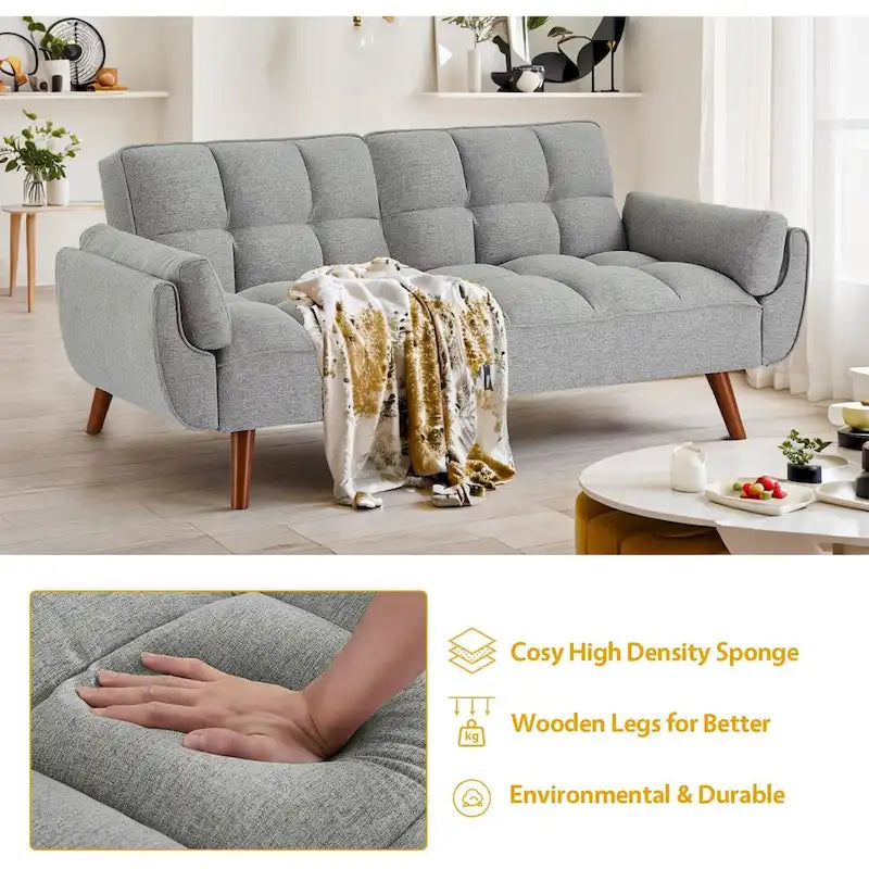 Canapé-lit futon convertible 2 places, gris clair / beige / gris foncé / jaune, dossier capitonné fendu