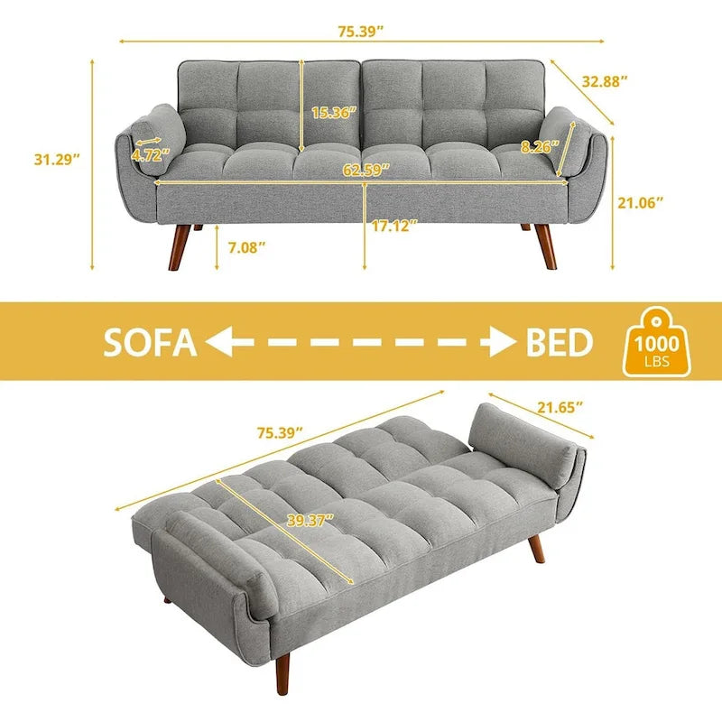 Canapé-lit futon convertible 2 places, gris clair / beige / gris foncé / jaune, dossier capitonné fendu