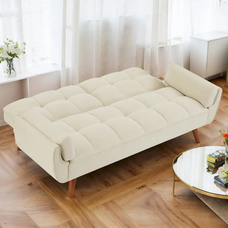 Canapé-lit futon convertible 2 places, gris clair / beige / gris foncé / jaune, dossier capitonné fendu