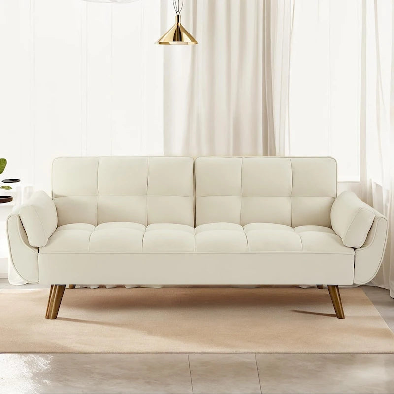 Canapé-lit futon convertible 2 places, gris clair / beige / gris foncé / jaune, dossier capitonné fendu