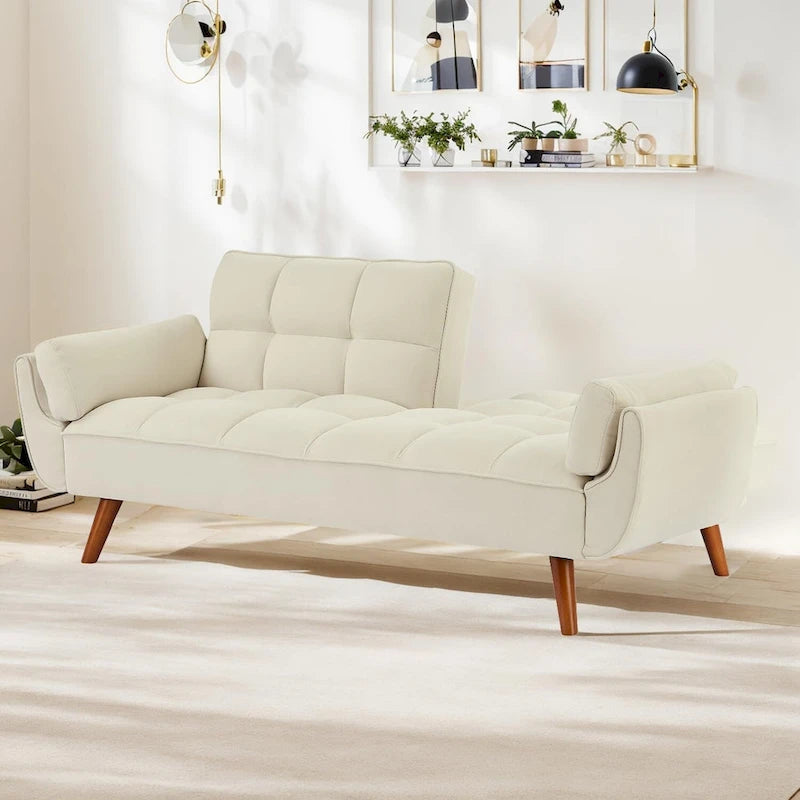 Canapé-lit futon convertible 2 places, gris clair / beige / gris foncé / jaune, dossier capitonné fendu