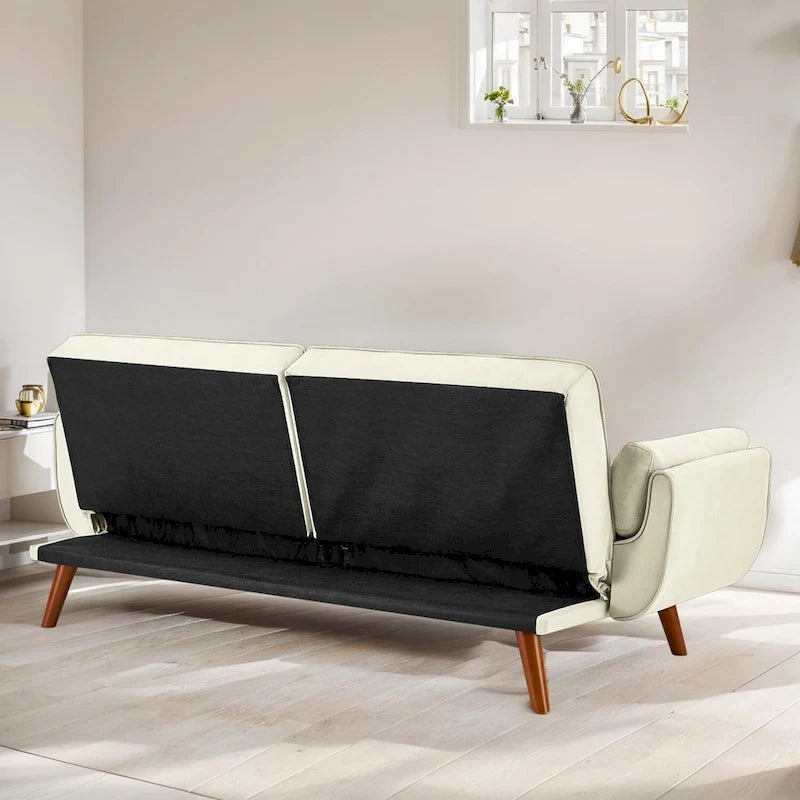 Canapé-lit futon convertible 2 places, gris clair / beige / gris foncé / jaune, dossier capitonné fendu