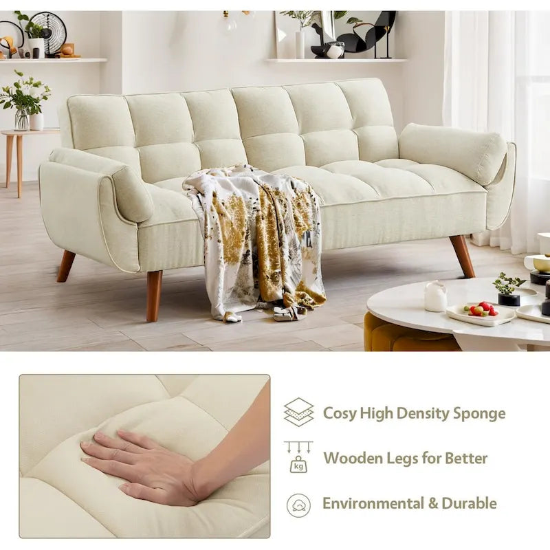 Canapé-lit futon convertible 2 places, gris clair / beige / gris foncé / jaune, dossier capitonné fendu