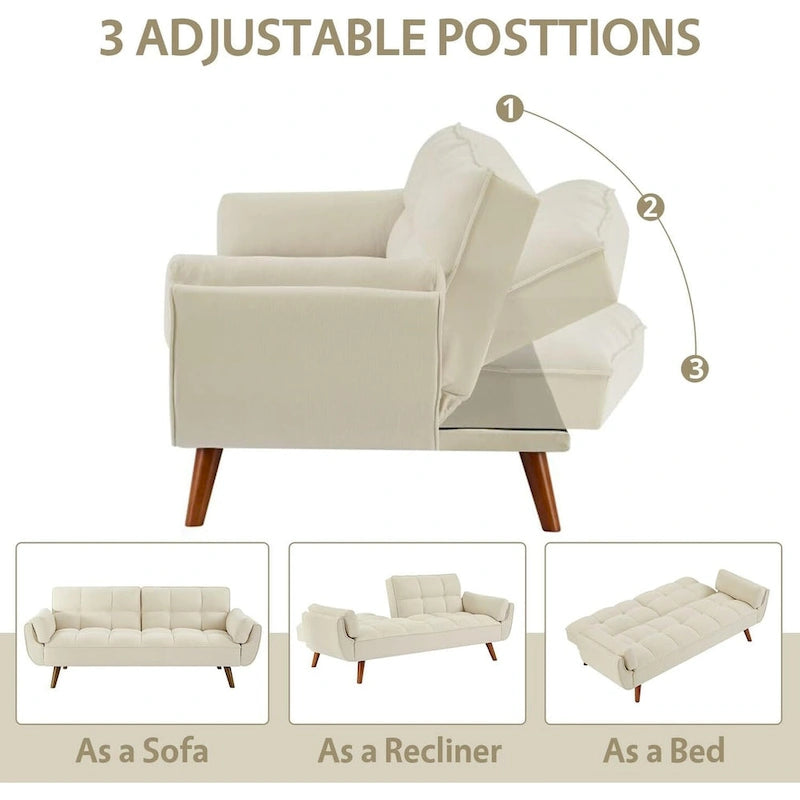 Canapé-lit futon convertible 2 places, gris clair / beige / gris foncé / jaune, dossier capitonné fendu