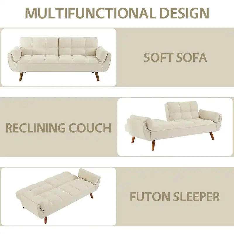 Canapé-lit futon convertible 2 places, gris clair / beige / gris foncé / jaune, dossier capitonné fendu