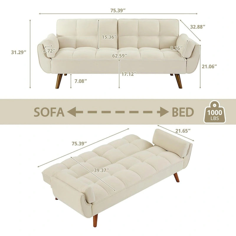 Canapé-lit futon convertible 2 places, gris clair / beige / gris foncé / jaune, dossier capitonné fendu