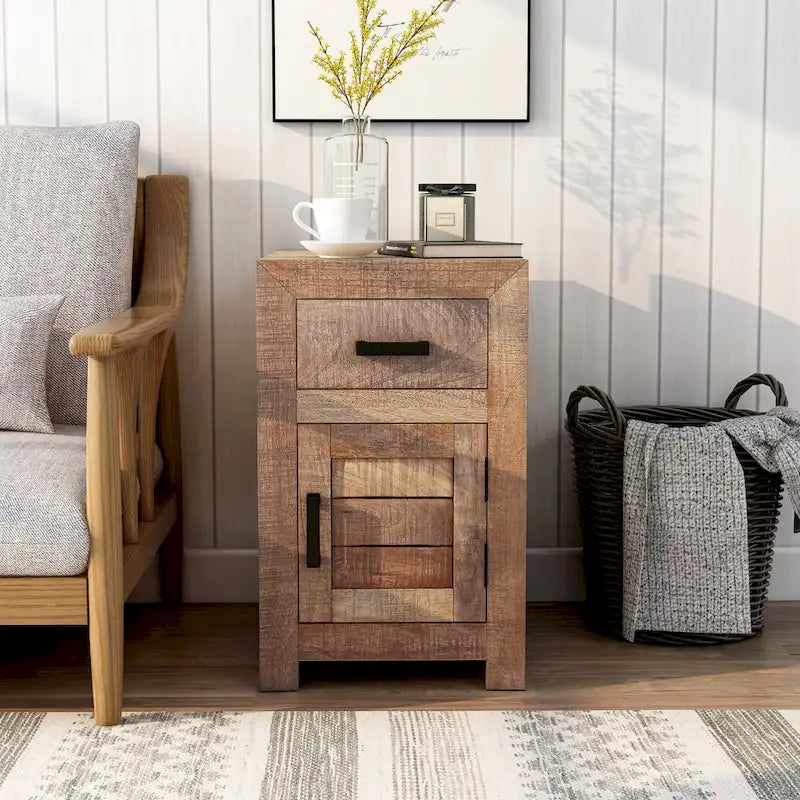 Table d'appoint rustique en bois massif clair vieilli avec rangement, 1 personne