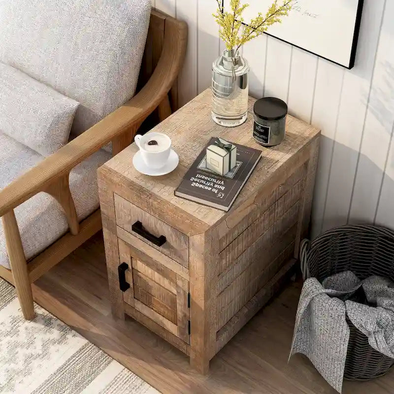 Table d'appoint rustique en bois massif clair vieilli avec rangement, 1 personne