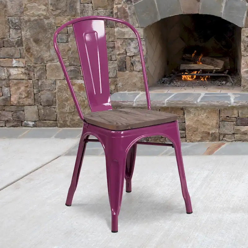 Chaise de bistrot empilable en métal cristal bleu sarcelle / violet / cuivre / vert menthe, simple
