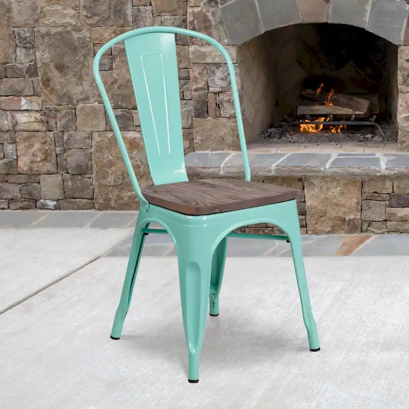 Chaise de bistrot empilable en métal cristal bleu sarcelle / violet / cuivre / vert menthe, simple