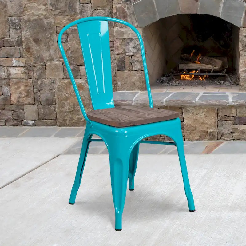 Metal Stackable Chair with Wood Seat - 17.75 W x 20 D x 33.5 H - 17.75 W x 20 D x 33.5 H