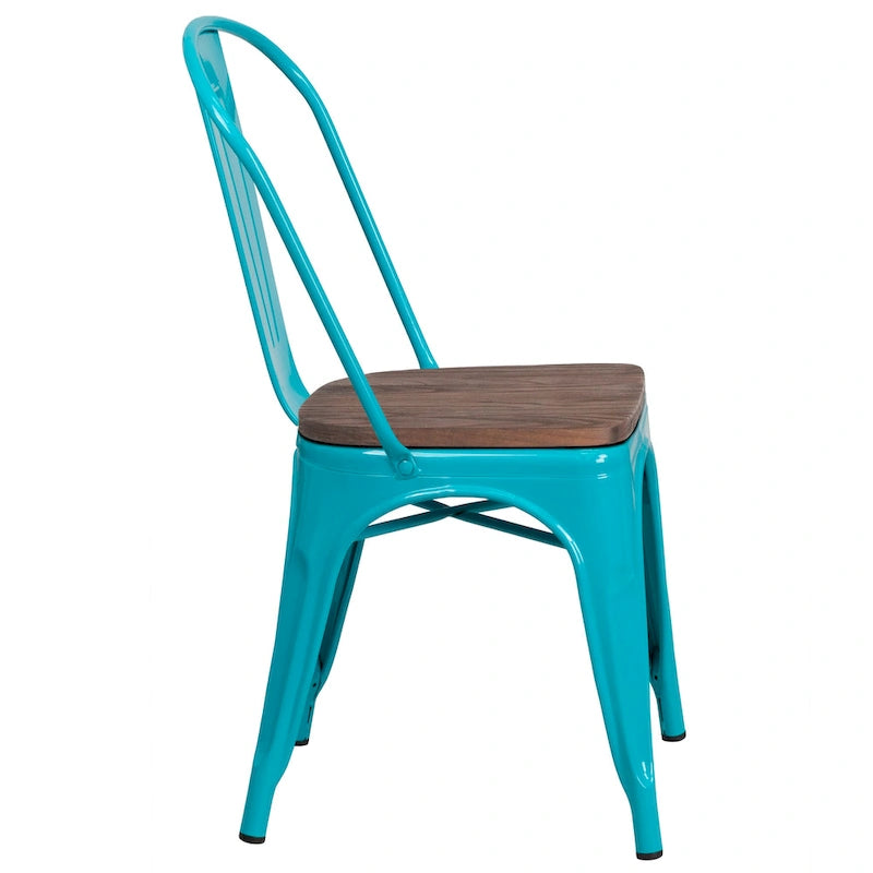 Chaise de bistrot empilable en métal cristal bleu sarcelle / violet / cuivre / vert menthe, simple