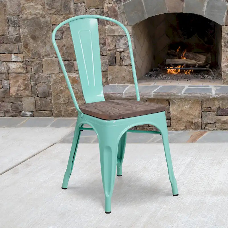Chaise de bistrot empilable en métal cristal bleu sarcelle / violet / cuivre / vert menthe, simple