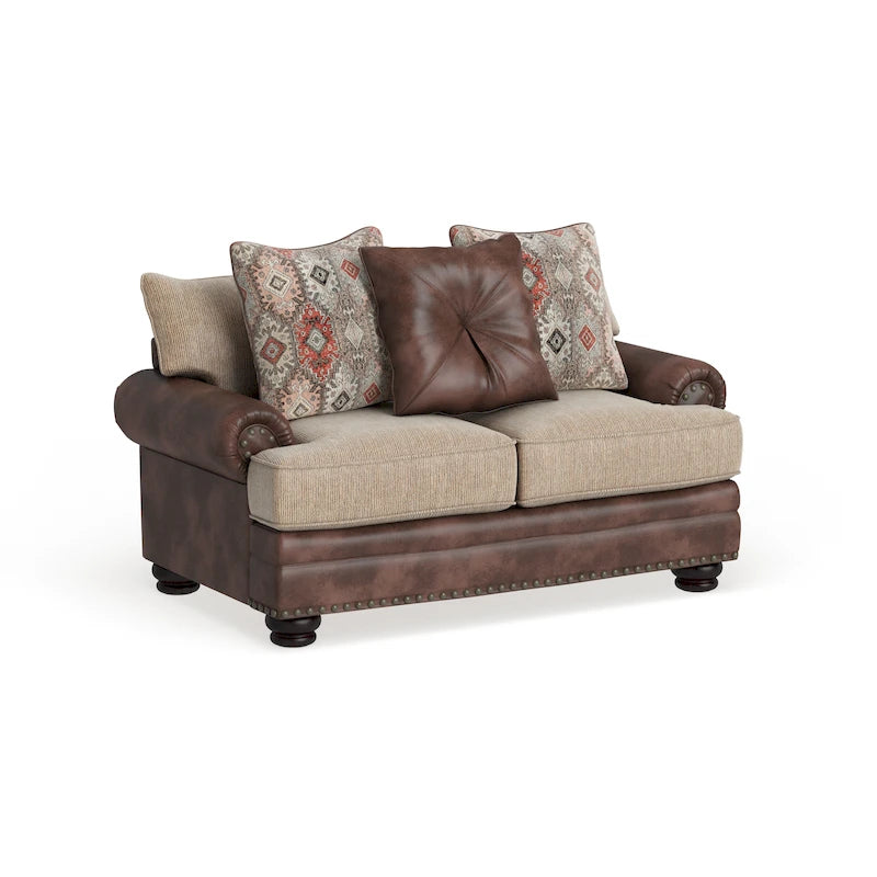 Causeuse 2 places traditionnelle en similicuir marron