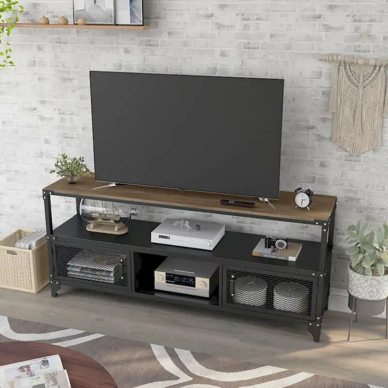 Meuble TV 178 cm, 2 étagères, 1 personne, noir sable/noyer foncé