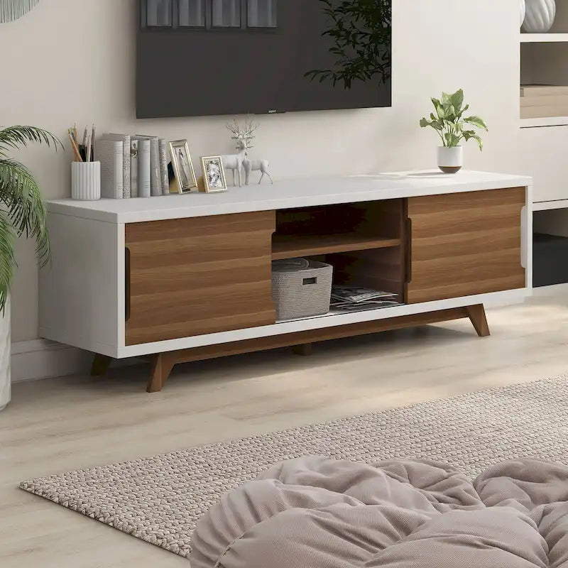 Meuble TV scandinave en blanc/noyer, 6 étagères, simple
