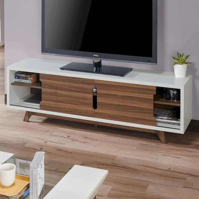 Meuble TV scandinave en blanc/noyer, 6 étagères, simple