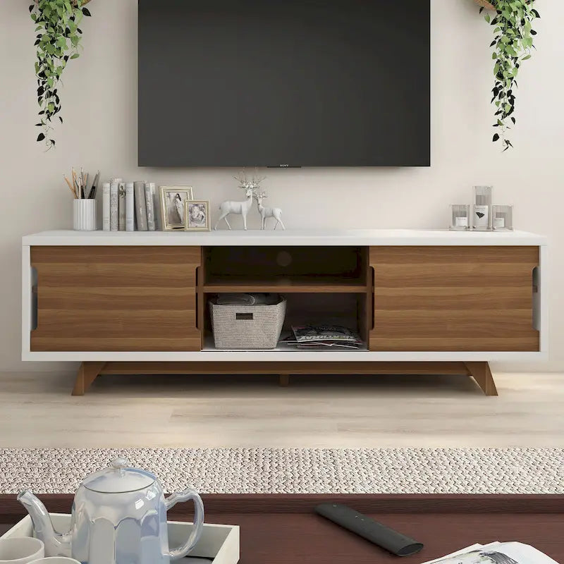 Meuble TV scandinave en blanc/noyer, 6 étagères, simple