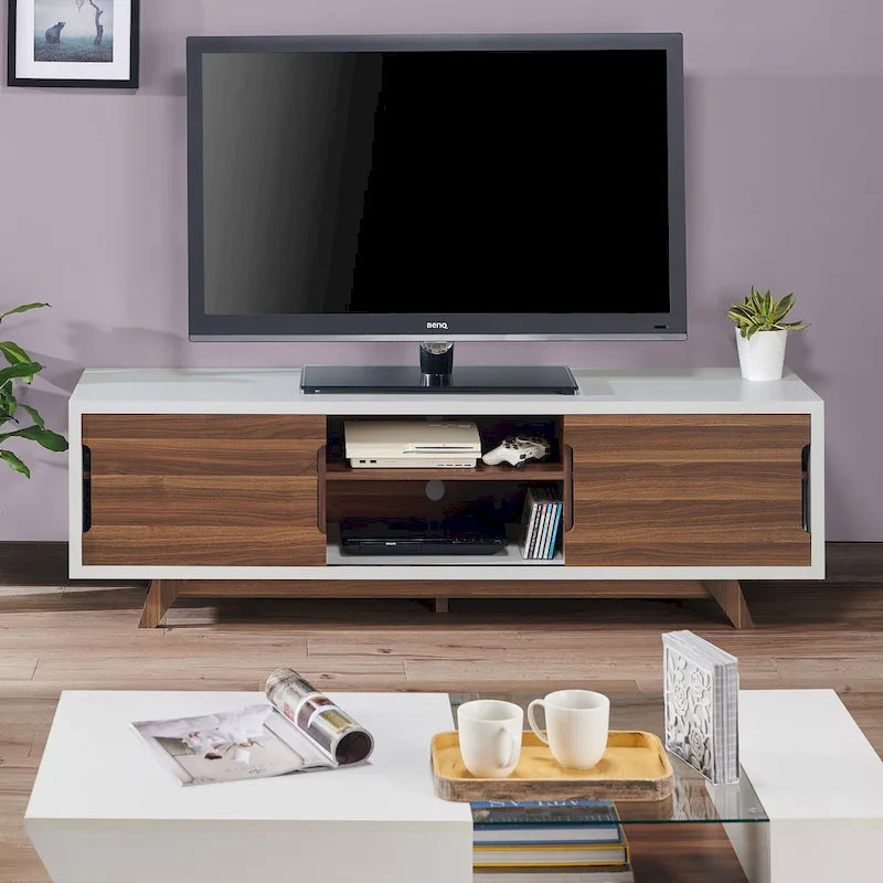 Meuble TV scandinave en blanc/noyer, 6 étagères, simple