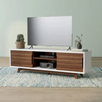 Meuble TV scandinave en blanc/noyer, 6 étagères, simple