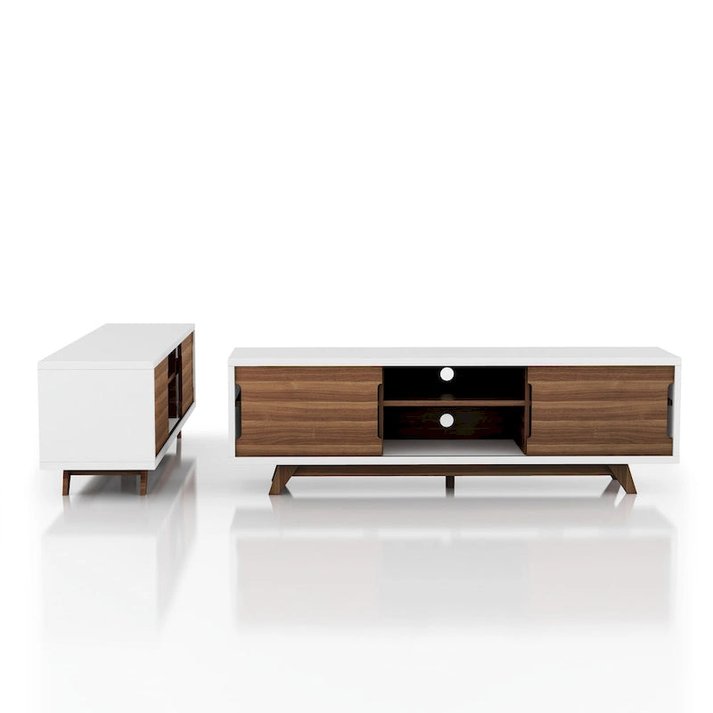 Meuble TV scandinave en blanc/noyer, 6 étagères, simple