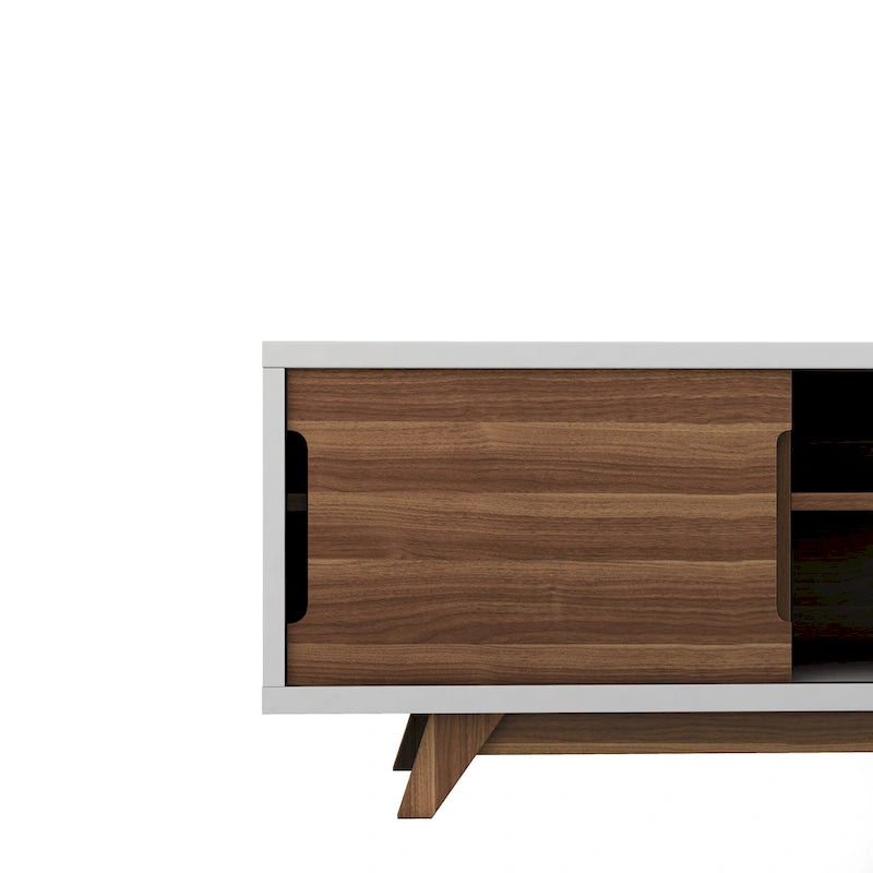 Meuble TV scandinave en blanc/noyer, 6 étagères, simple