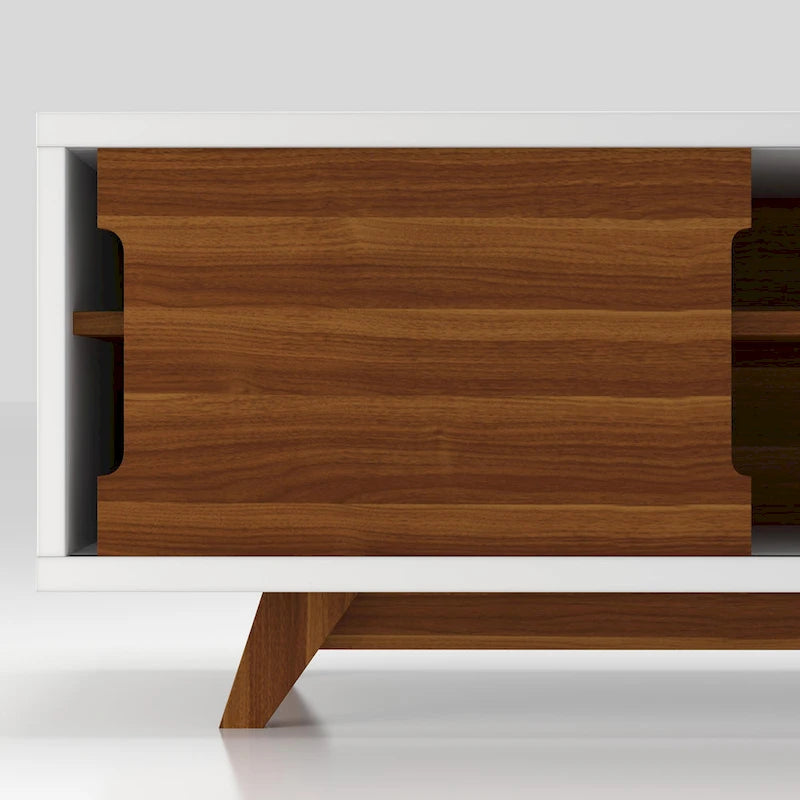 Meuble TV scandinave en blanc/noyer, 6 étagères, simple