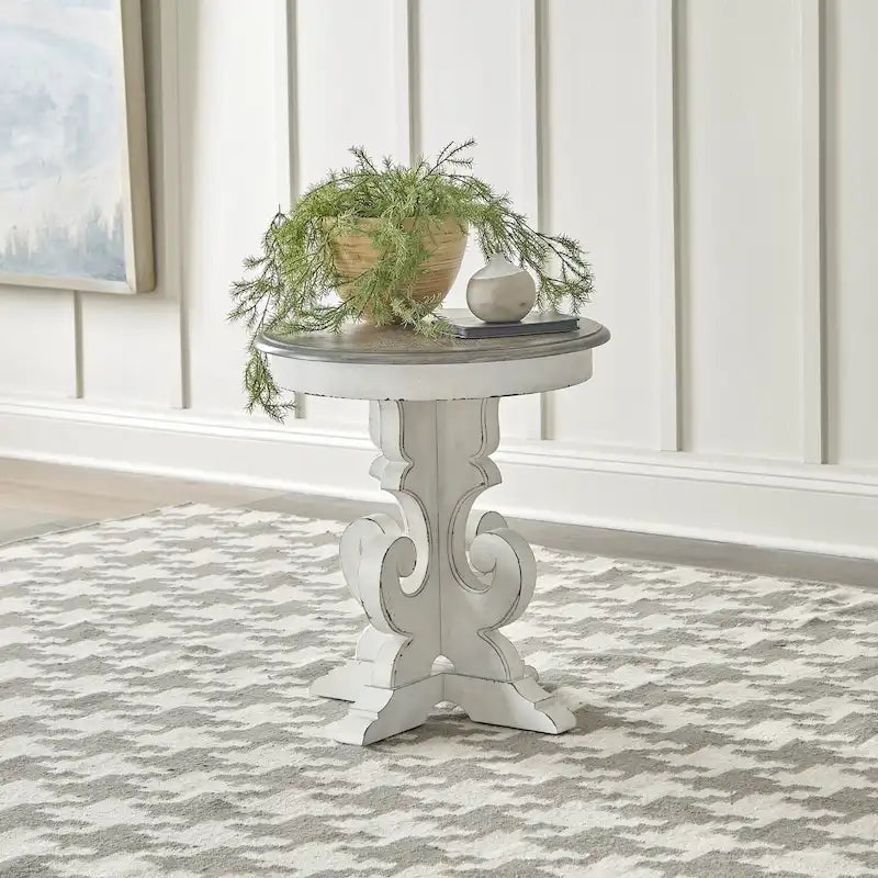 Table d'appoint à piédestal, avec volutes, ronde, blanc antique / bisque vieilli, 1 pièce