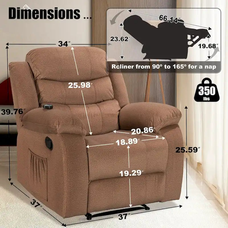 Fauteuil inclinable individuel avec massage et chaleur – Chenille/Velours, plusieurs coloris