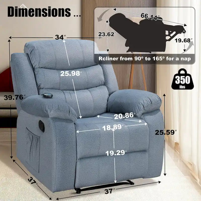 Fauteuil inclinable individuel avec massage et chaleur – Chenille/Velours, plusieurs coloris