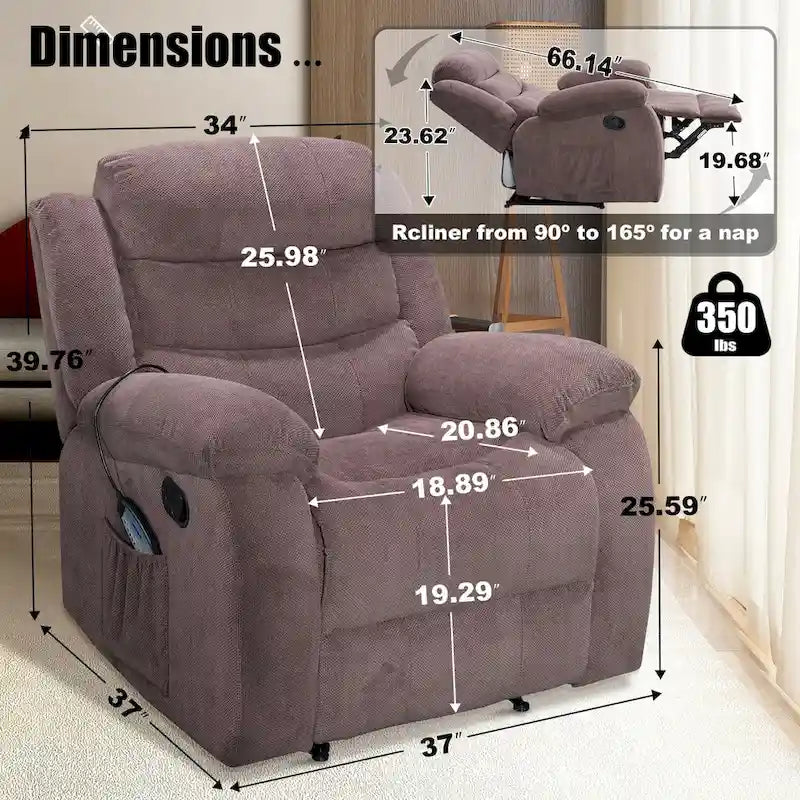 Fauteuil inclinable individuel avec massage et chaleur – Chenille/Velours, plusieurs coloris