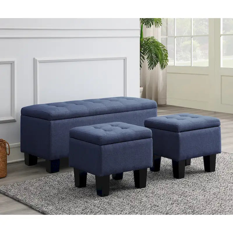 Banc de rangement capitonné bleu/marron, 3 pièces