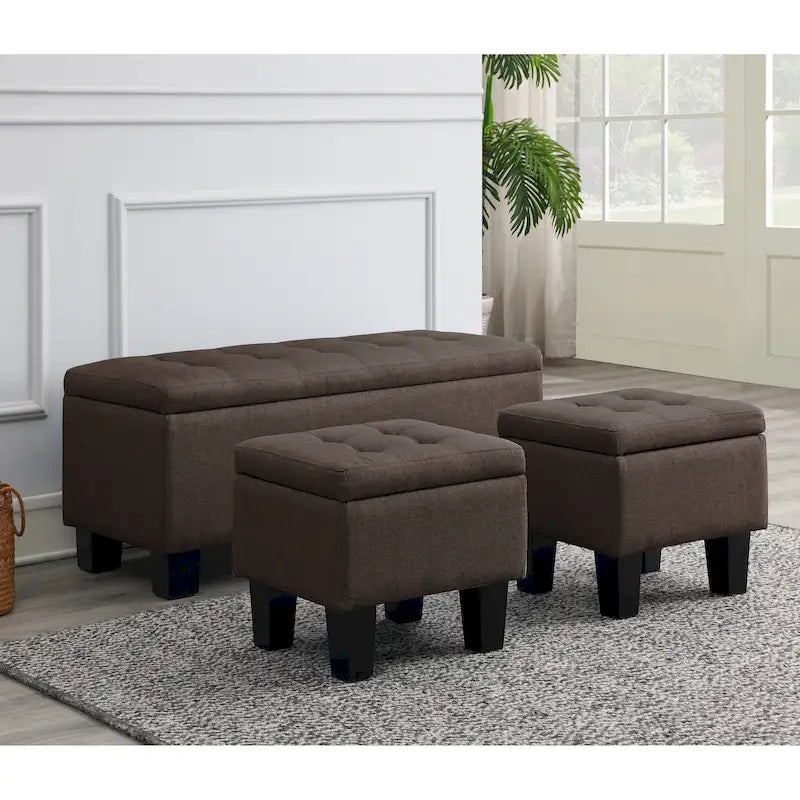 Banc de rangement capitonné bleu/marron, 3 pièces