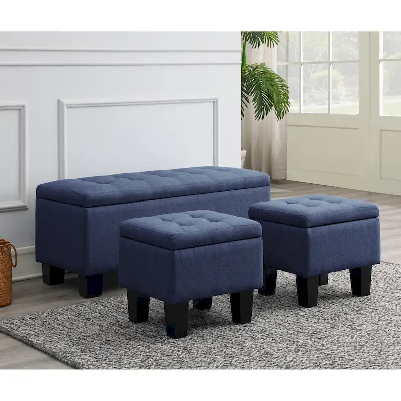 Banc de rangement capitonné bleu/marron, 3 pièces