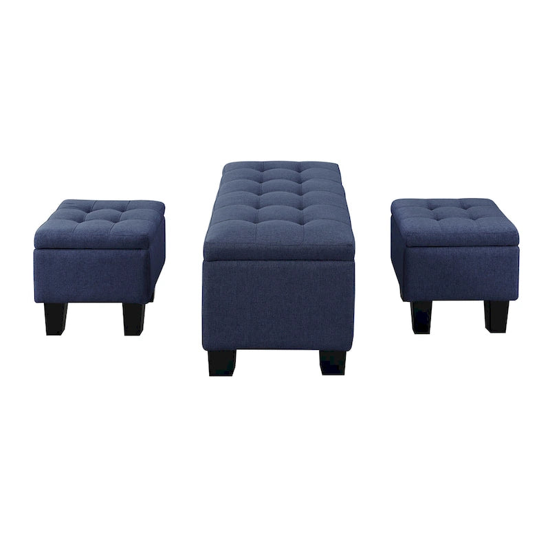 Banc de rangement capitonné bleu/marron, 3 pièces