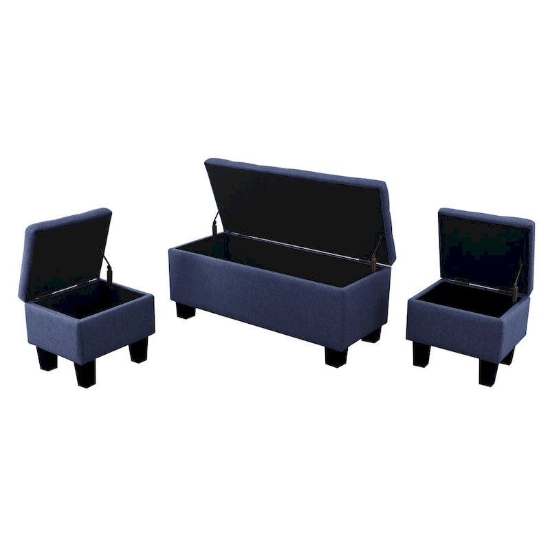 Banc de rangement capitonné bleu/marron, 3 pièces