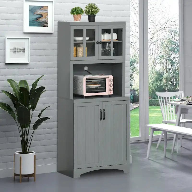 Buffet de cuisine blanc/gris avec porte vitrée, pour foyer de 2 personnes